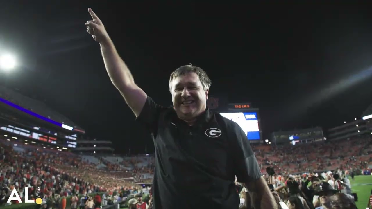 Kirby Smart celebrates after Georgia rallies to beat Auburn at Jordan-Hare
