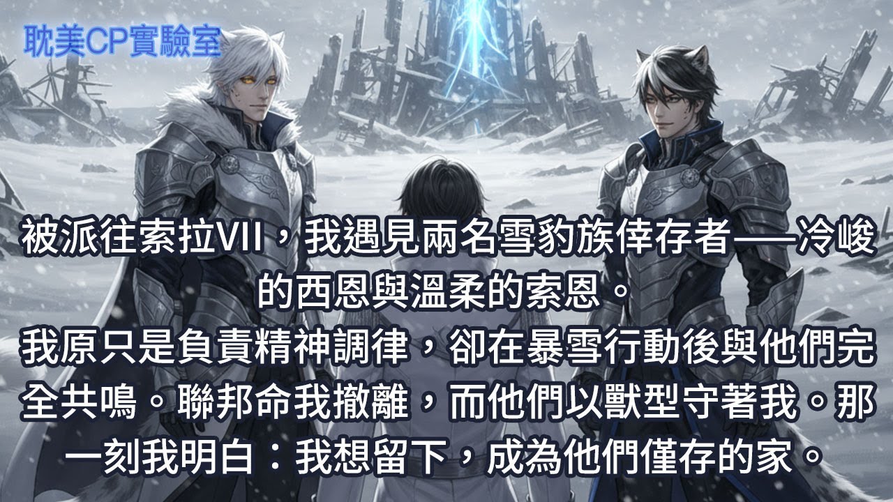 被派往索拉 VII，我遇見兩名雪豹族倖存者——冷峻的西恩與溫柔的索恩。我原只是負責精神調律，卻在暴雪行動後與他們完全共鳴。聯邦命我撤離，而他們以獸型守著我。那一刻我明白：我想留下，成為他們僅存的家。