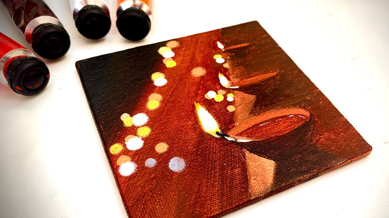 Diwali Painting on Mini Canvas | Diwali Drawing |Diya Painting |Painting on Tiniest Canvas | Acrylic