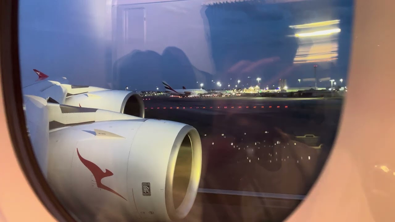 Qantas A380 | Night Takeoff from London (w/ glare)