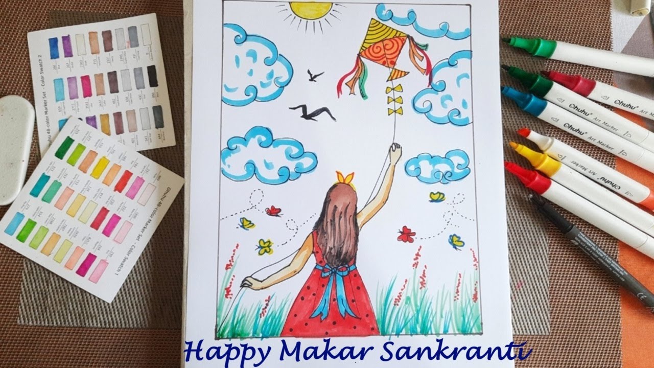 Makar Sankranti drawing | How to draw a girl flying kite drawing Simple art ideas