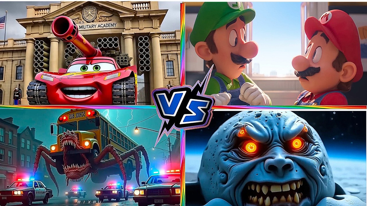 School Bus Monster VS McQueen Tank VS Super MARIO VS LUNAR MOON Tiles Hop EDM Rush