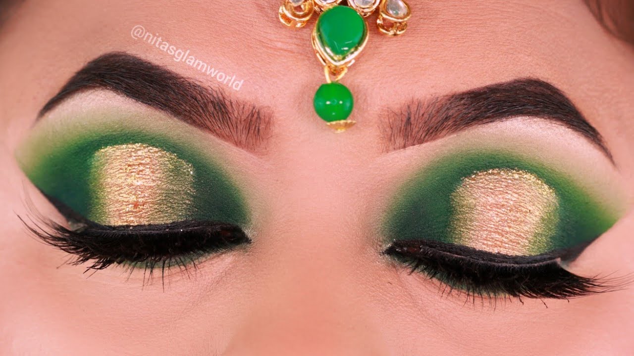 HINDI: Mehndi Ceremony Indian/Bangladeshi Bridal Eye Makeup Tutorial Green & Gold Halo Eyelook 2022