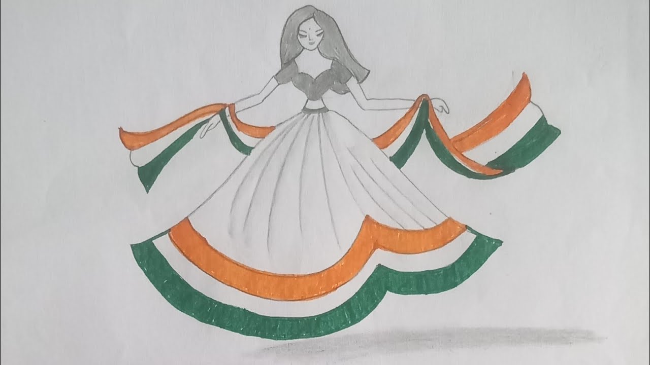 26 January Republic Day Drawing l Girl with Indian Flag Dress Easy Pencil Drawing
