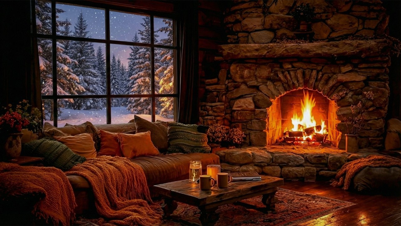 ASMR Fireplace in a Snowy Forest Cabin ☕🔥 Fireplace Crackling for Deep Rest