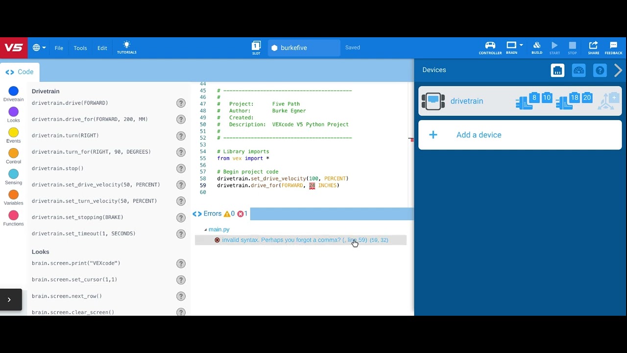 Start coding in Vex Python