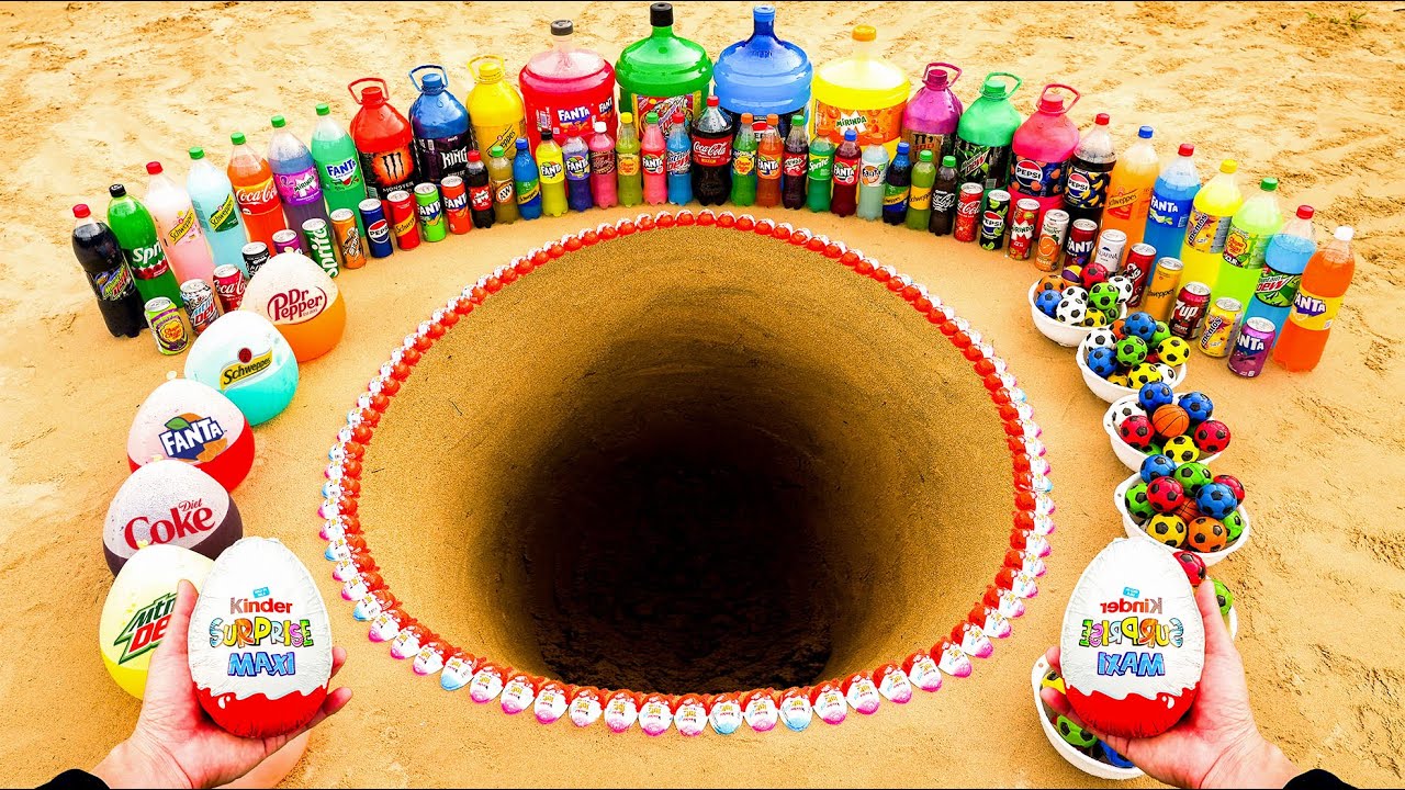 Big Kinder Surprise vs Giant Fanta, Pepsi, Coca Cola, Mtn Dew vs Mentos in the Egg Hole!