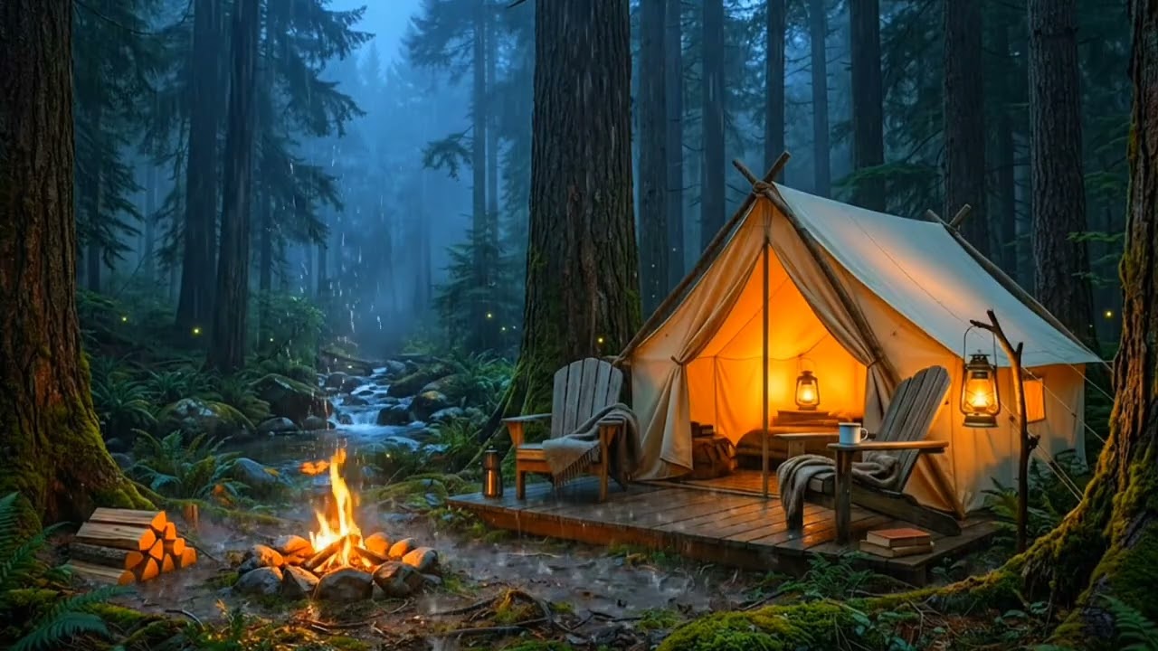 Rainy Forest Camping by the River | Campfire & Nature Sounds for Sleep and Relaxation (2 Hours)
