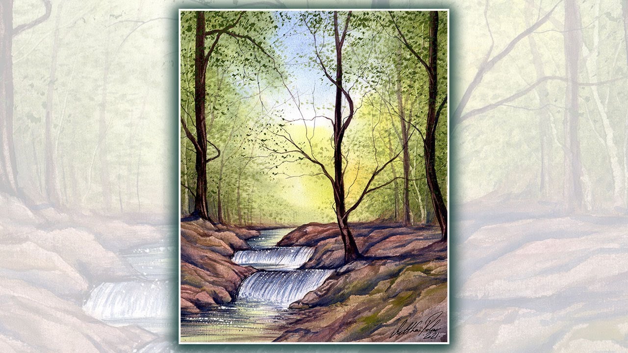 Paint a Waterfall In a Woodland Setting In Watercolours