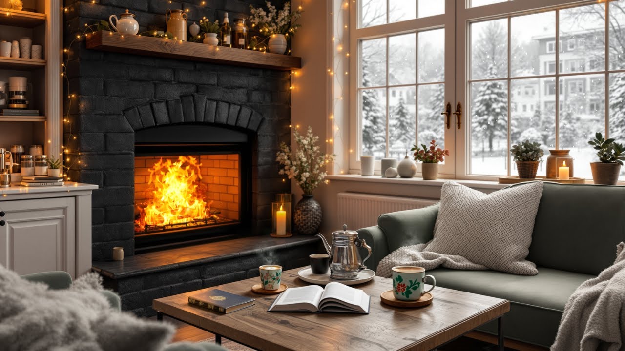 Cozy Morning Jazz in a Snowy Winter Café ☕ Soft Jazz Ambience with Fireplace for Relaxation & Study