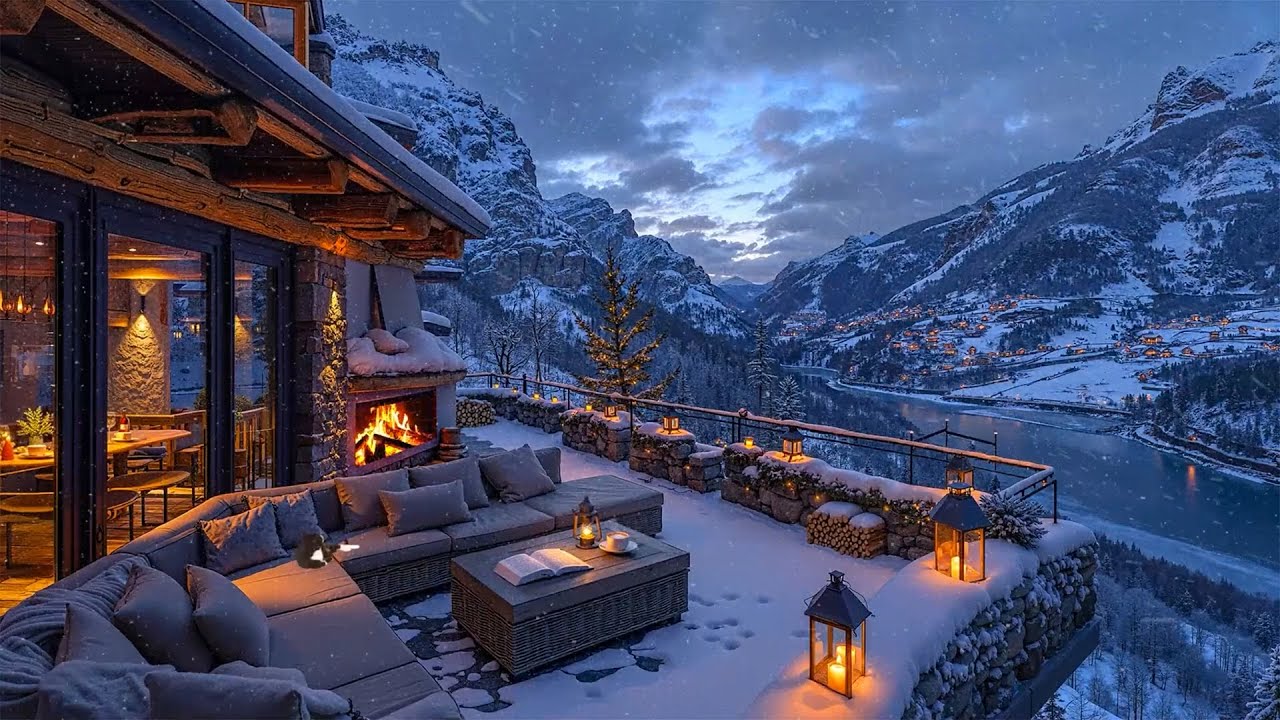 Fireplace Jazz on a Snowy Mountain Coffee Terrace ❄️ Deep Winter Night Jazz for Peaceful Relaxation☕