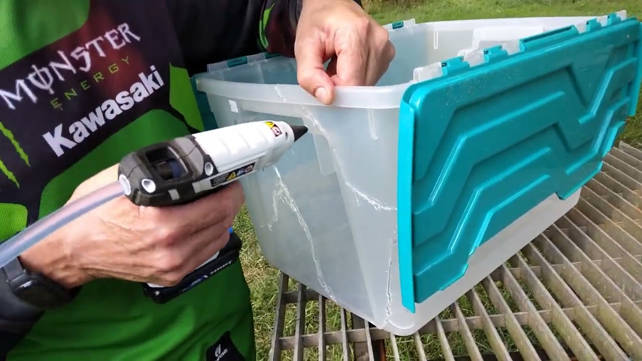 throw it away ? - How to fix a busted cracked plastic storage bin with a HART TOOL BATTERY GLUE GUN