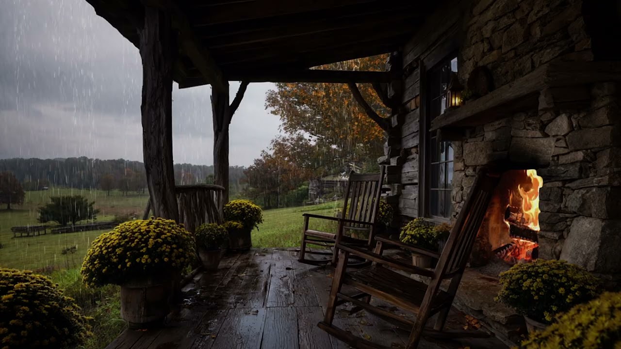 Rain On The Porch 🌧️ Storm Farm Ambience & Fire Sounds, ASMR Countryside For Deep Relaxation