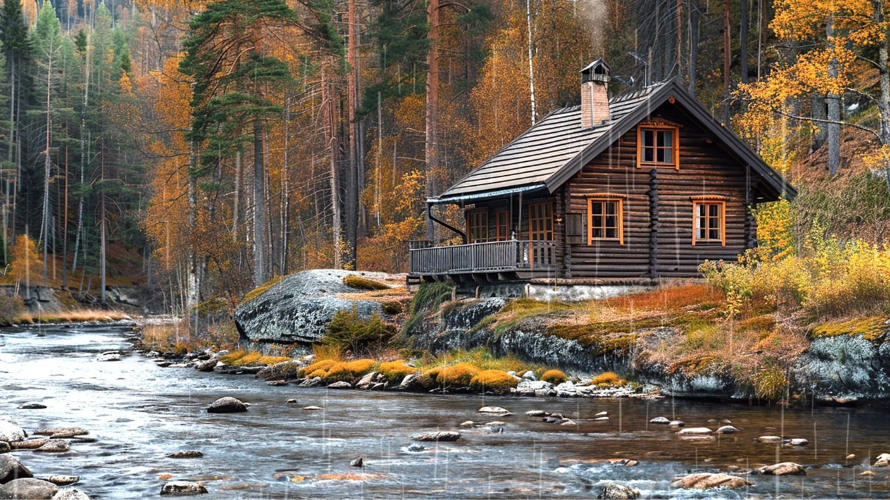Wooden House in the Autumn Forest by the River – Over 3 Hours of Heavy Steady Rain