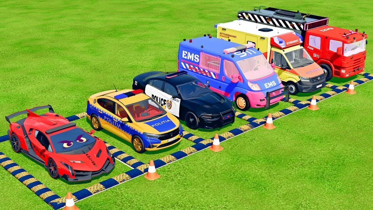 TRANSPORTING MCQUEEN سيارة ماكوين, DACIA, FORD POLICE CARS, AMBULANCE VEHICLES WITH TRUCK !FS22 #42