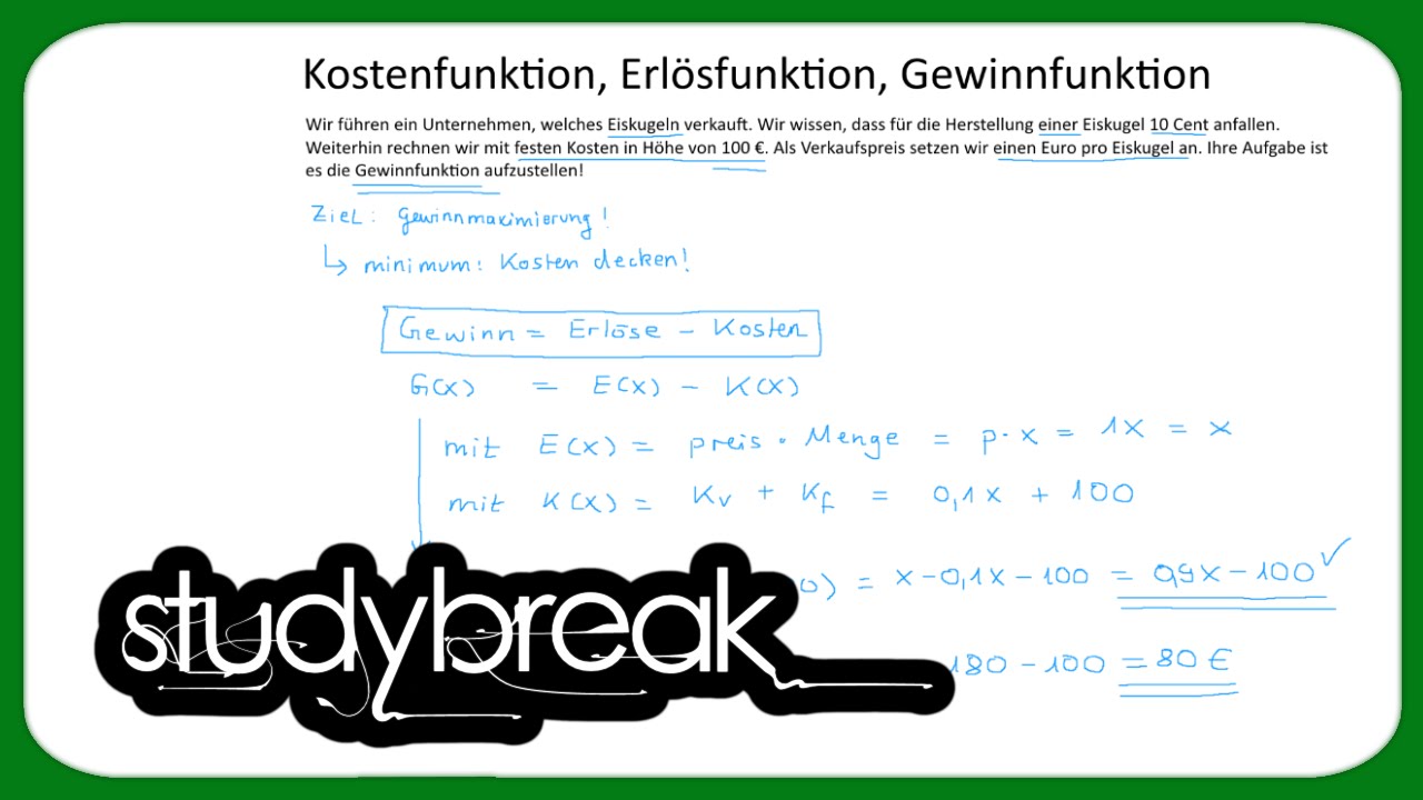 Kostenfunktion, Erl&ouml;sfunktion, Gewinnfunktion | Mikro&ouml;konomie