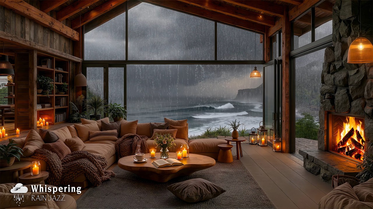 Rainy Coastal with Warm Jazz Instrumental 🌧️ Tranquil Cabin Ambience for Calm Moments