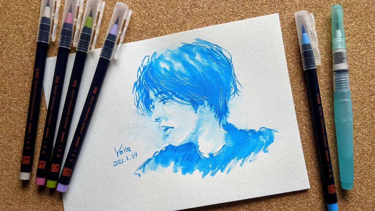 【画材紹介】カラー筆ペン あかしや 水彩毛筆「彩」趣のある5色セット【イラスト】／ Color brush pen drawing