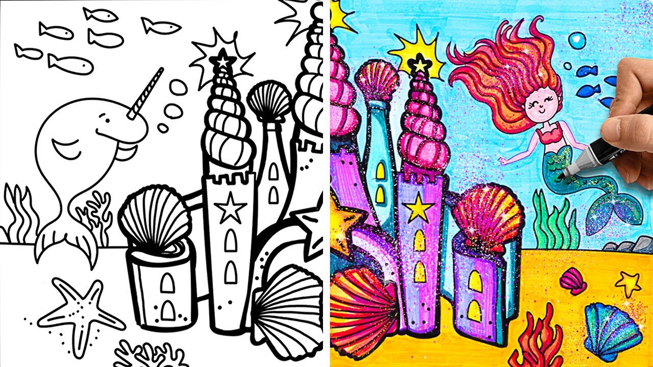 Rysujemy i kolorujemy brokatowy zamek syrenki + Sam opowiada bajkę o syrence 🧜&zwj;♀️🏰