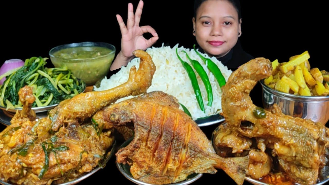 Asmr Eating Desi Chicken Mukbang with Rice | Fish Fry, Sarso Saag, Aloo Bhaja & Okra Curry