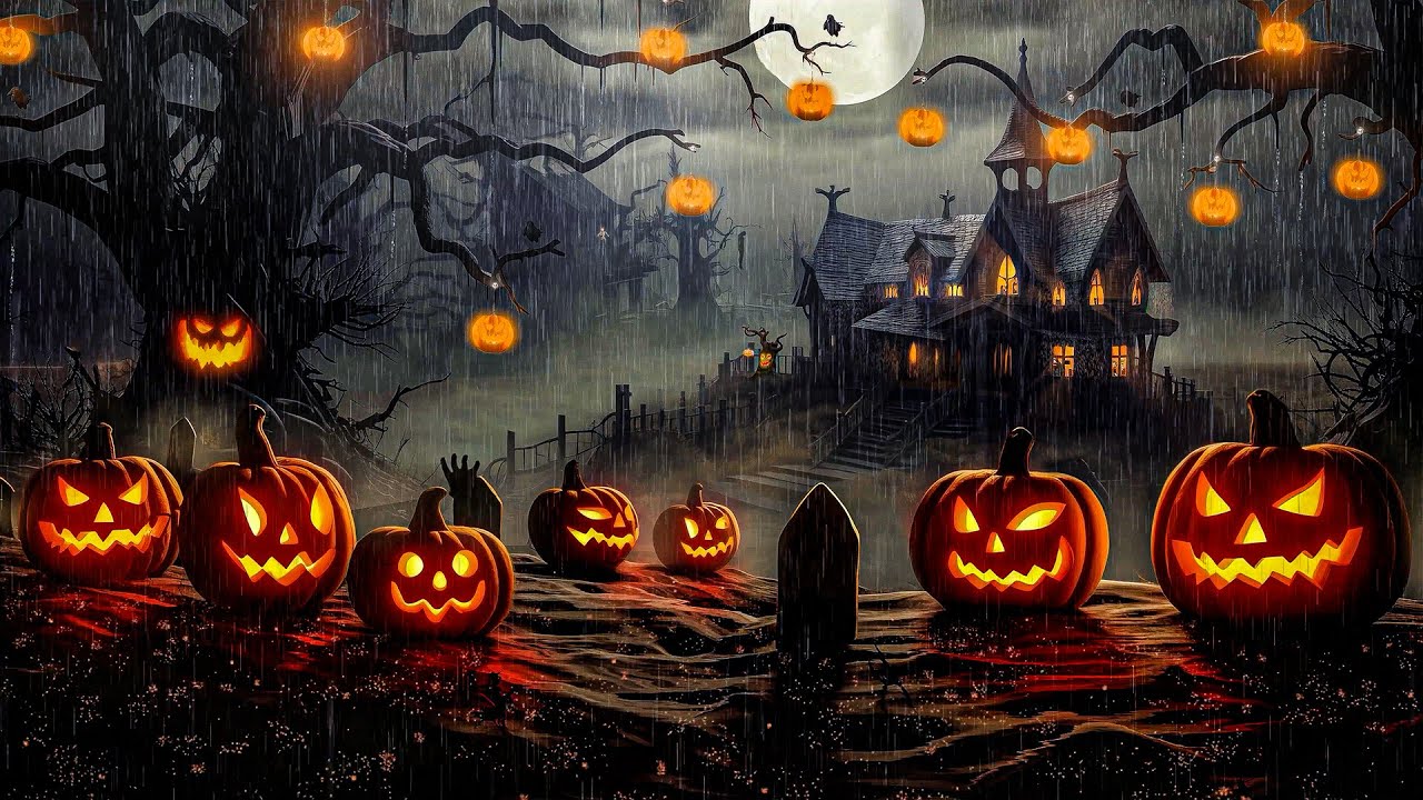 Haunted Cemetery Halloween Ambience w/ Relaxing Heavy Rain & Thunderstorm Sound, Night Spooky Sounds