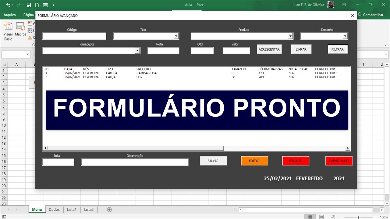 Formulário AVANÇADO no Excel para Salvar Vários Itens Simultaneamente - PRONTO PARA BAIXAR