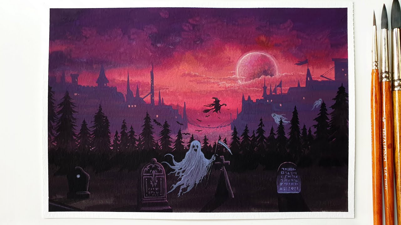 Halloween Painting with Gouache｜Moonlight Night Landscape Painting