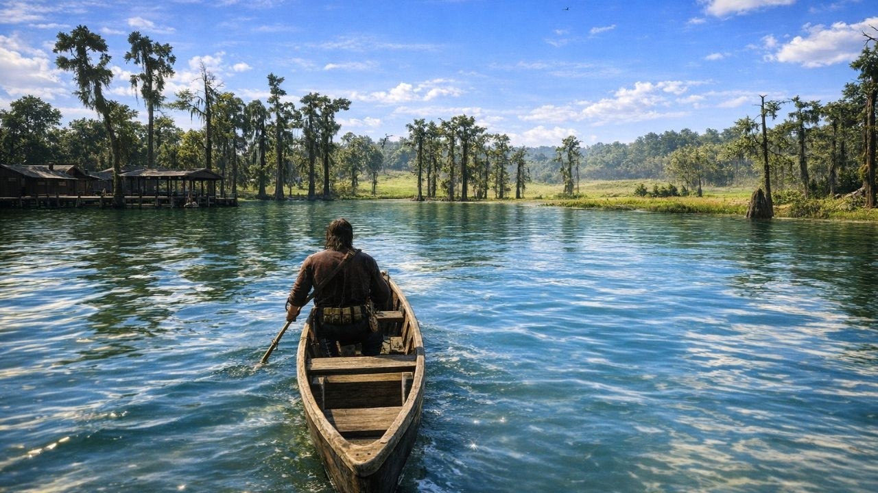 [4K]Red Dead Redemption 2 – Peaceful Boat Ride Ambience | Flowing River & Natural Sounds