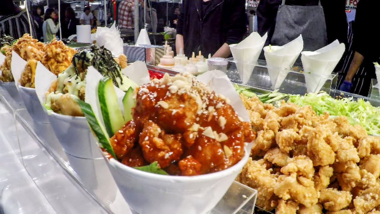 Japan Street Food in London. Cooking Pop Corn Chicken, Making Tempura, Preparing Sushi