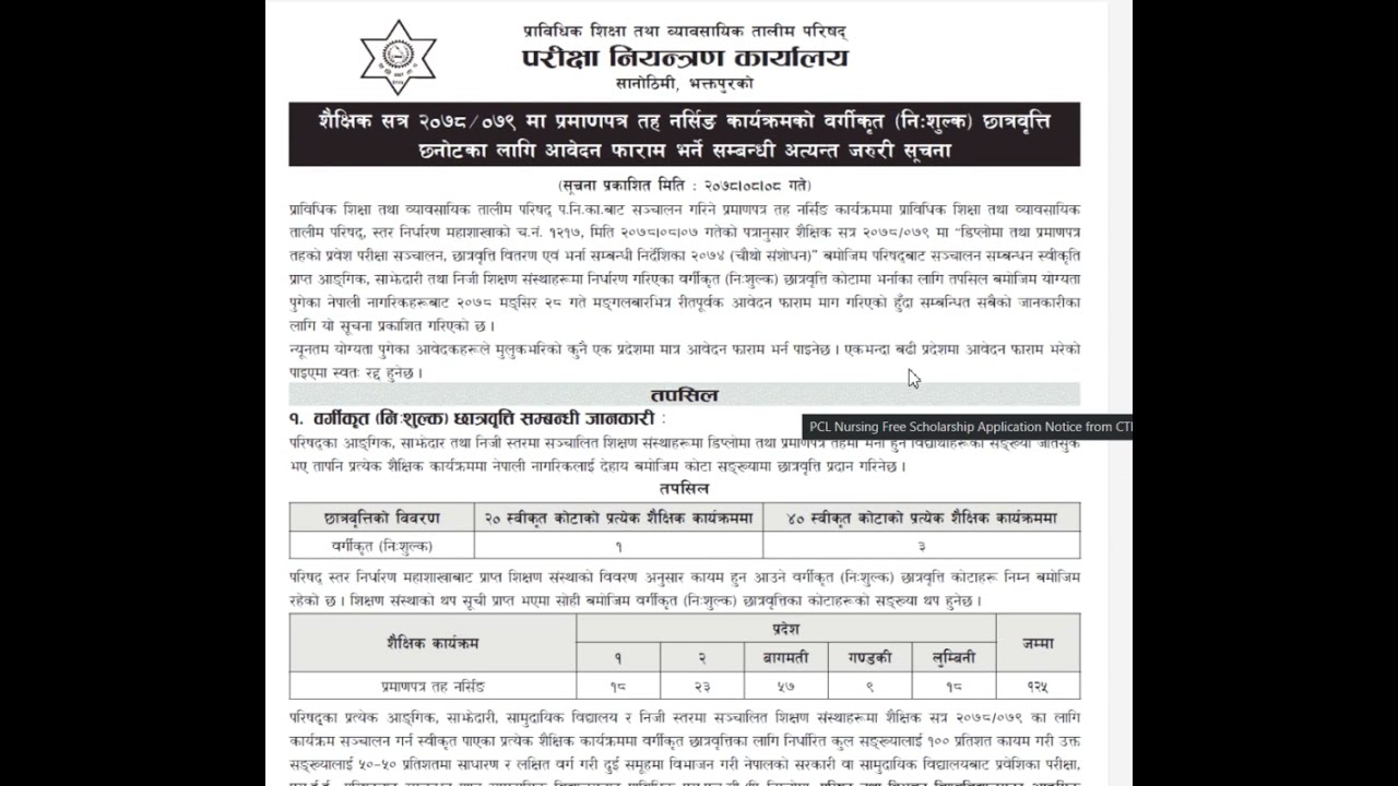 PCL Nursing Free Scholarship Application Notice from CTEVT.