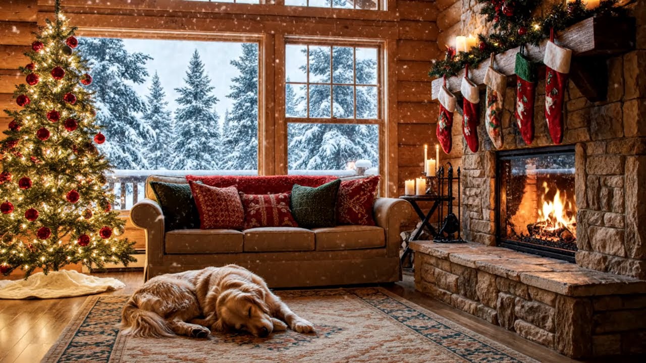 Relaxing Fireplace Ambience ❄️ Snowy Christmas Cabin with Peaceful Piano