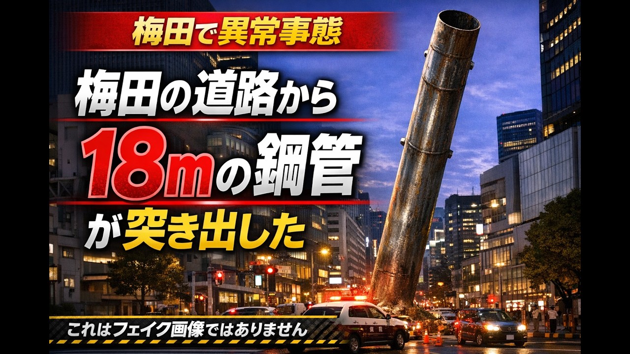 フェイク画像かと思った…梅田の道路から18mの鋼管が突き出した異常事態