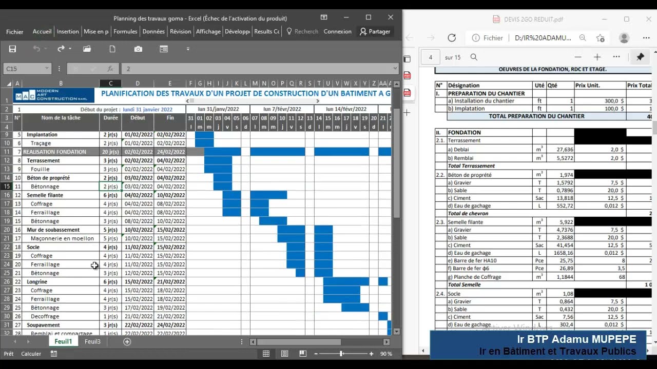 PLANNING DES TRAVAUX SUR EXCEL/ DEMONSTRATION