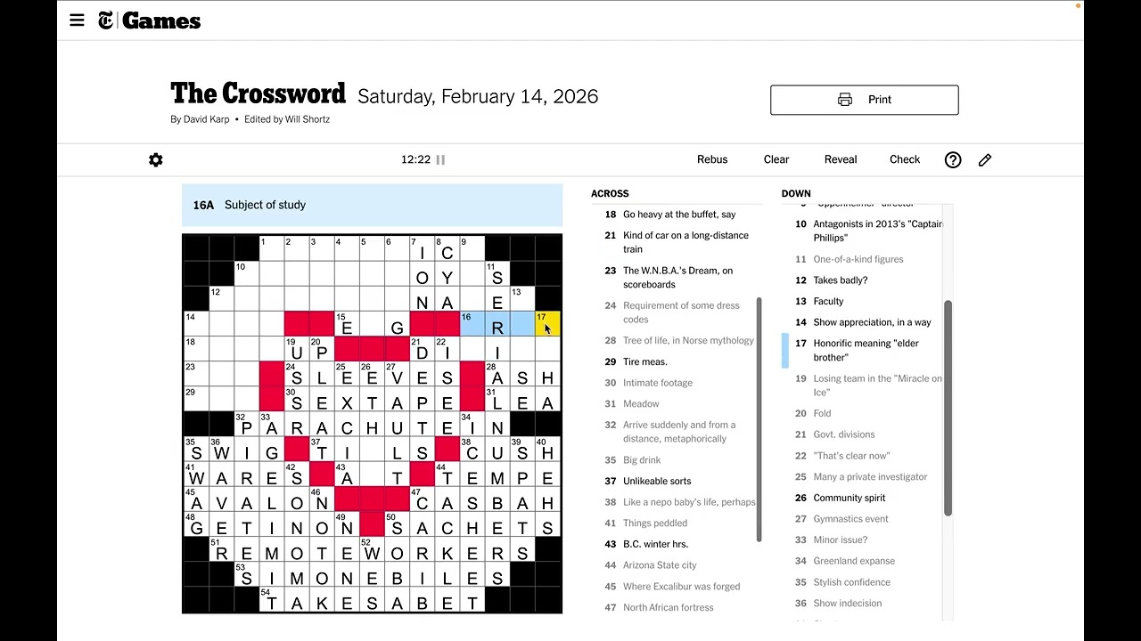 New York Times Crossword Solve - Saturday Feb 14 2026