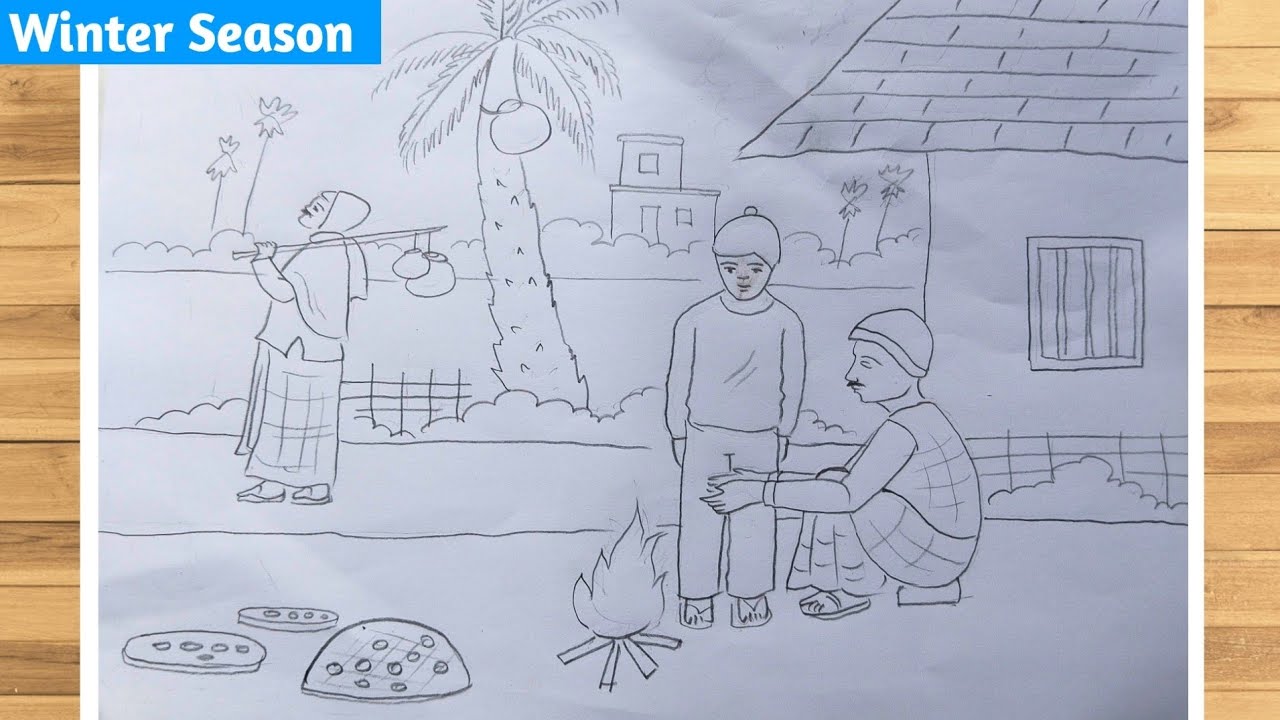 How To Draw Winter Season Scenery || Winter Morning Drawing || Scenery drawing