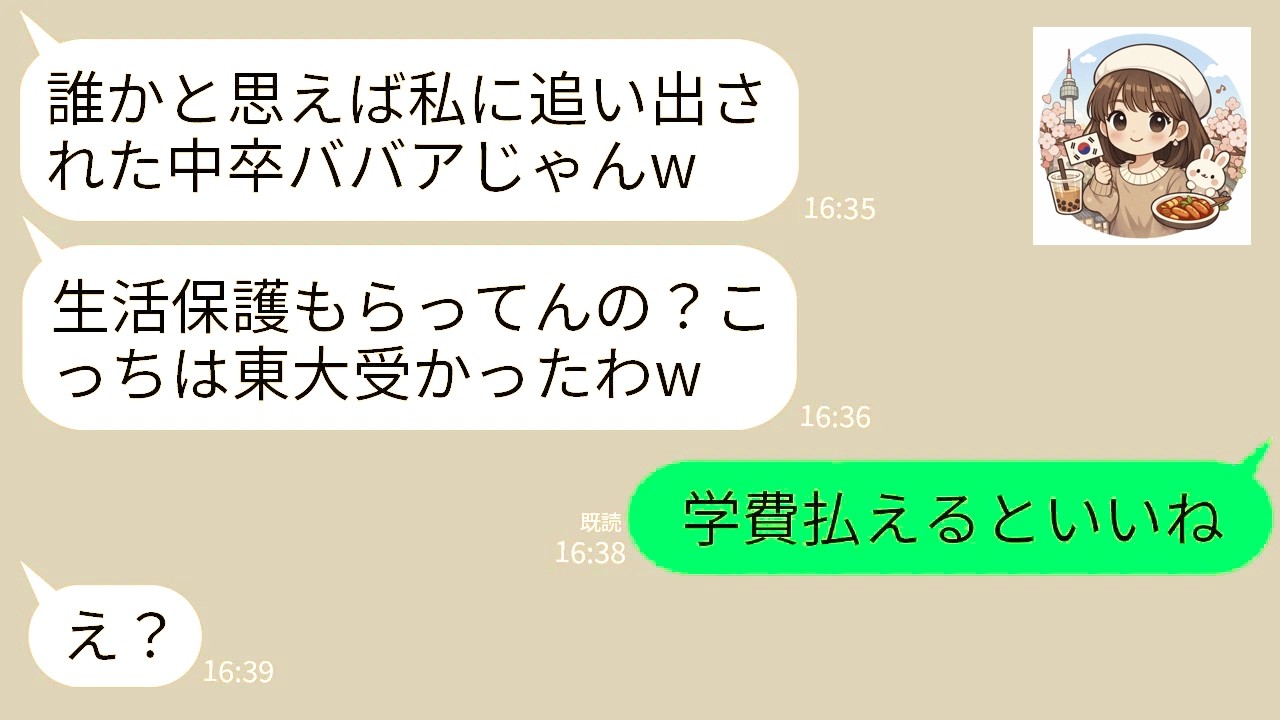 【LINE】在宅ワークの私を見下し勝手に離婚届を出した夫の連れ子と再会「惨めな貧乏ババアじゃんwこっちは東大受かったよ」→私「学費誰が払うの？」→連れ子の末路がwww