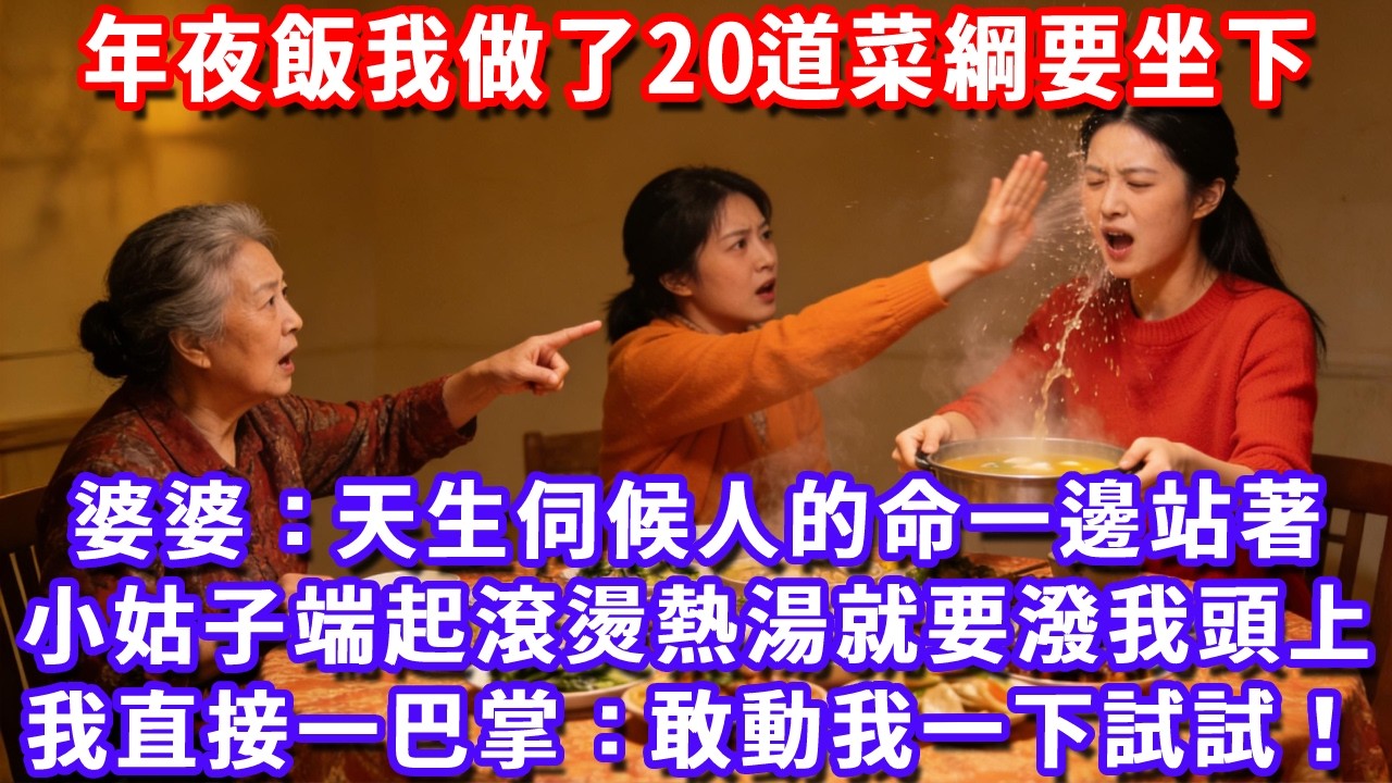 年夜飯我做了20道菜綱要坐下，婆婆：天生伺候人的命一邊站著，小姑子端起滾燙熱湯就要潑我頭上，我直接一巴掌：敢動我一下試試！#深夜講故事#為人處世#生活經驗#情感故事#故事#小說#戀愛#情感#婚姻