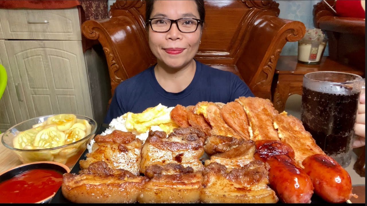 EATING SPAM , FRIED PORK BELLY, SWEET SAUSAGE / LONGGANISA MUKBANG PHILIPPINES 