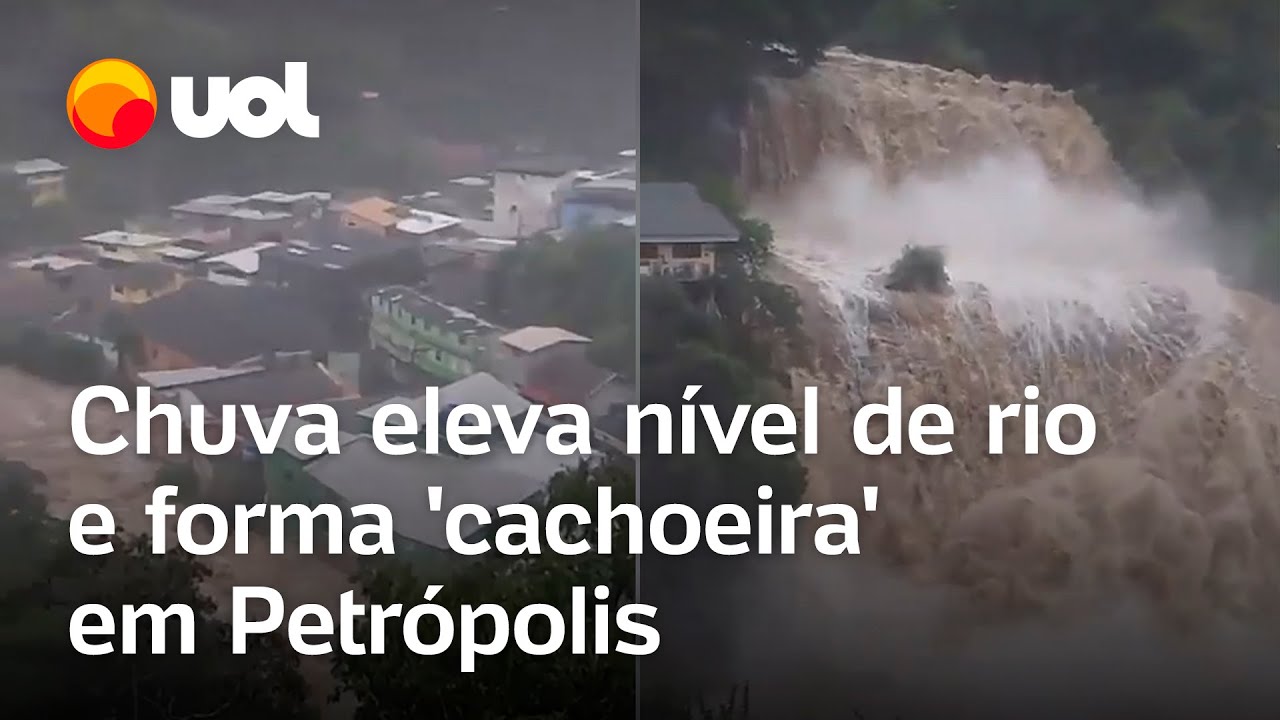 Chuva no RJ: Temporal eleva nível de rio, forma 'cachoeira' e assusta moradores em Petrópolis; veja