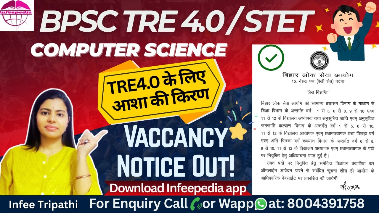 TRE4.0 vaccancy notice out|Exam Date| Pattern| Eligibility| STET/BPSC TRE4.0 Computer by Infee ma'am