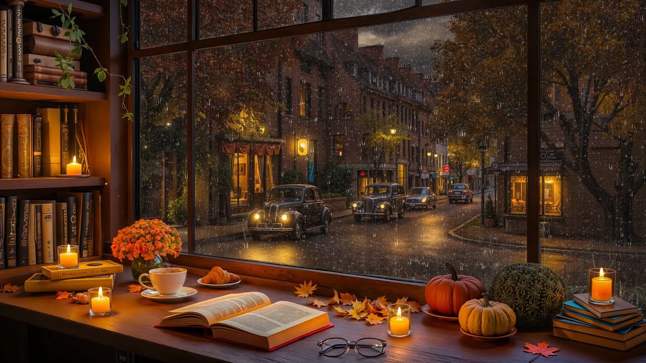 Cozy Rainy Autumn Jazz 🌧️ Vintage Street View, Coffee Shop Candlelight Ambience & Relaxing Music