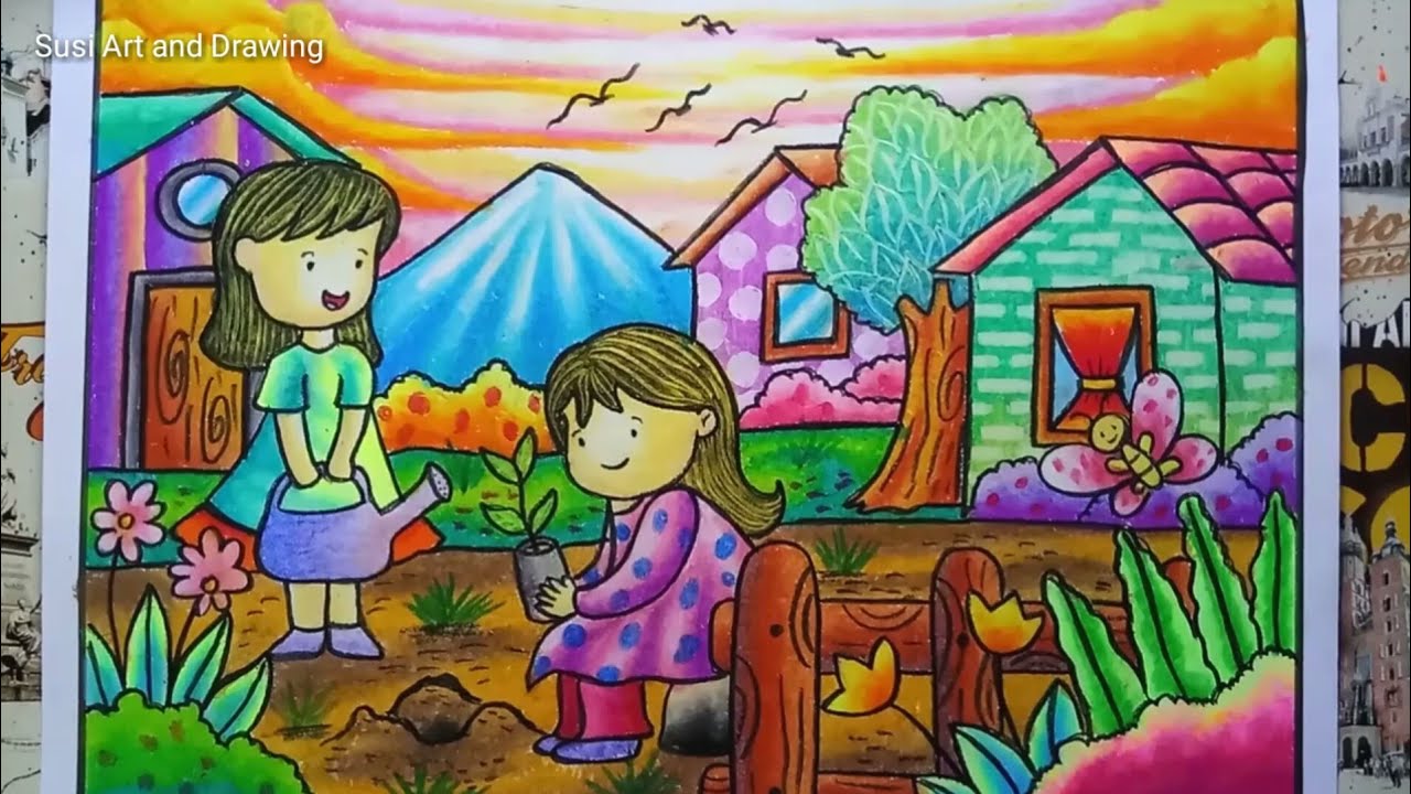 Cara Menggambar dan Mewarnai Gradasi Crayon Tema berkebun | Go Green | Drawing Scenery