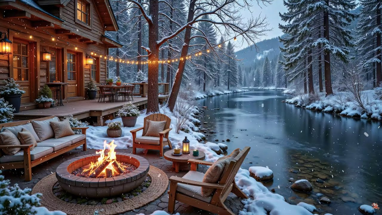 Winter Piano Music Riverside Porch ❄️🔥 Relaxing Campfire Ambience for Stress Relief & Sleep