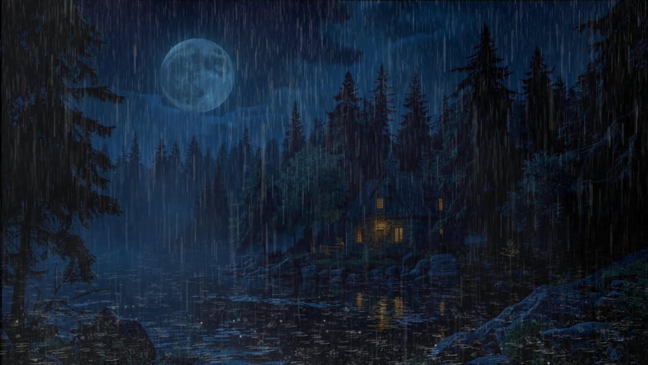 Heavy Rain on Cozy Lake House | Full Moon Night Ambience for Sleep