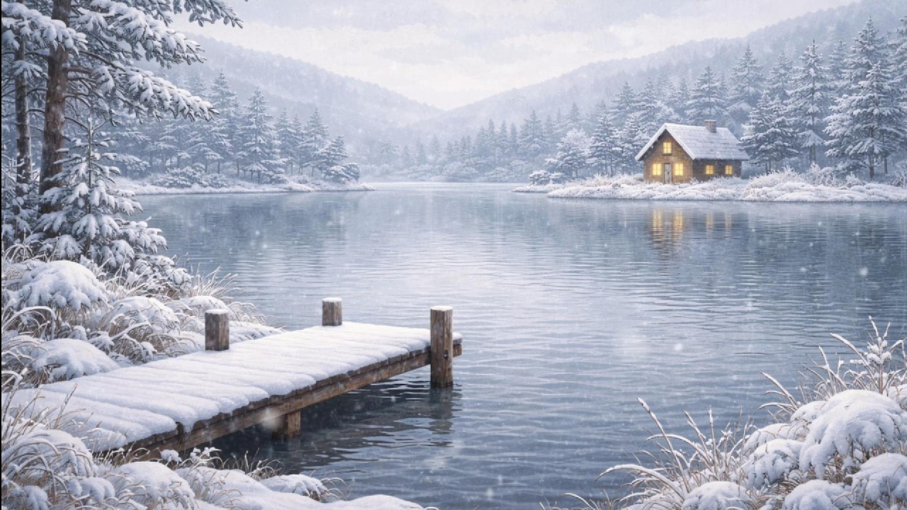 Relaxing Piano Music with Snow Falling | Cozy Lake Cabin Winter Ambience