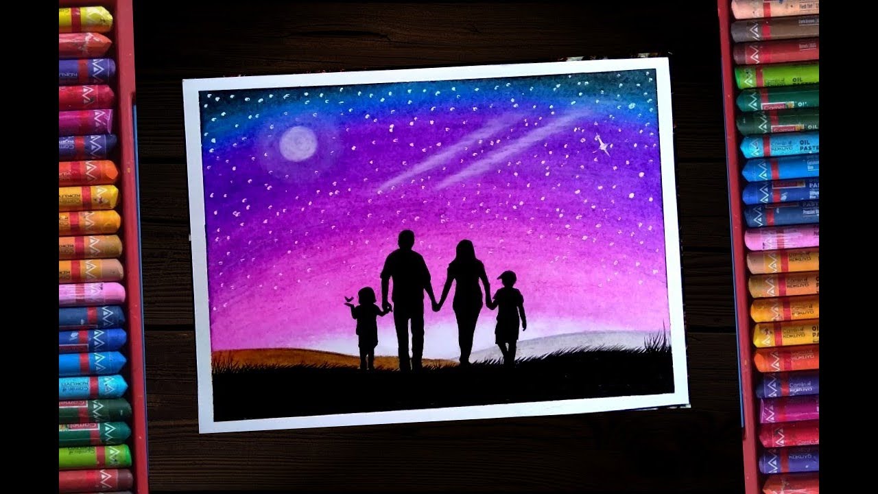 Happy family with moonlight sinary drawing for beginners || step by step
