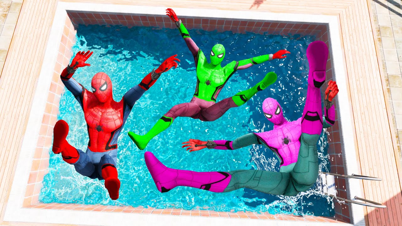 GTA 5 Rainbow  Green Vs Pink & Red Spiderman Jumping Into Pool (Euphoria Physics/Ragdolls) #1