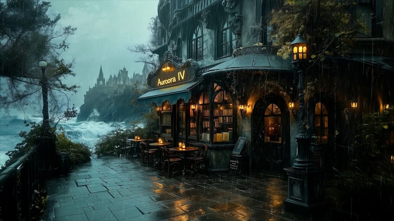 Rainy Gothic Bookstore by the Sea | Dark Academia Ambience | Deep Focus Piano & Waves