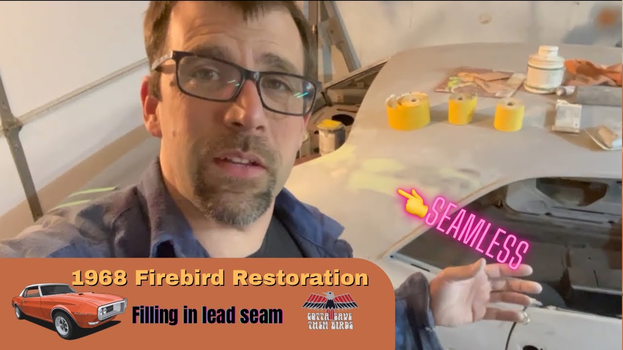 Ремонт области свинцового шва на боковой панели и подготовка к грунтовке Firebird 1968 года
