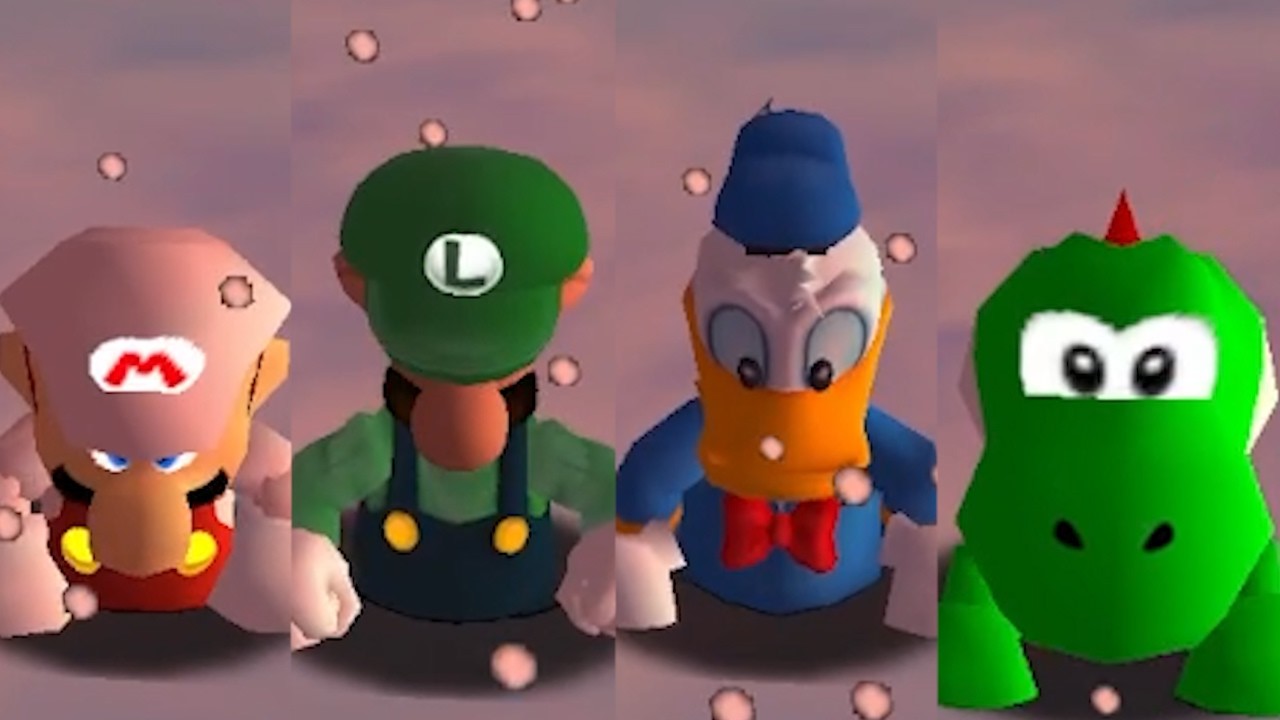 100 Characters falling in Snow in Super Mario 64 with Sunset